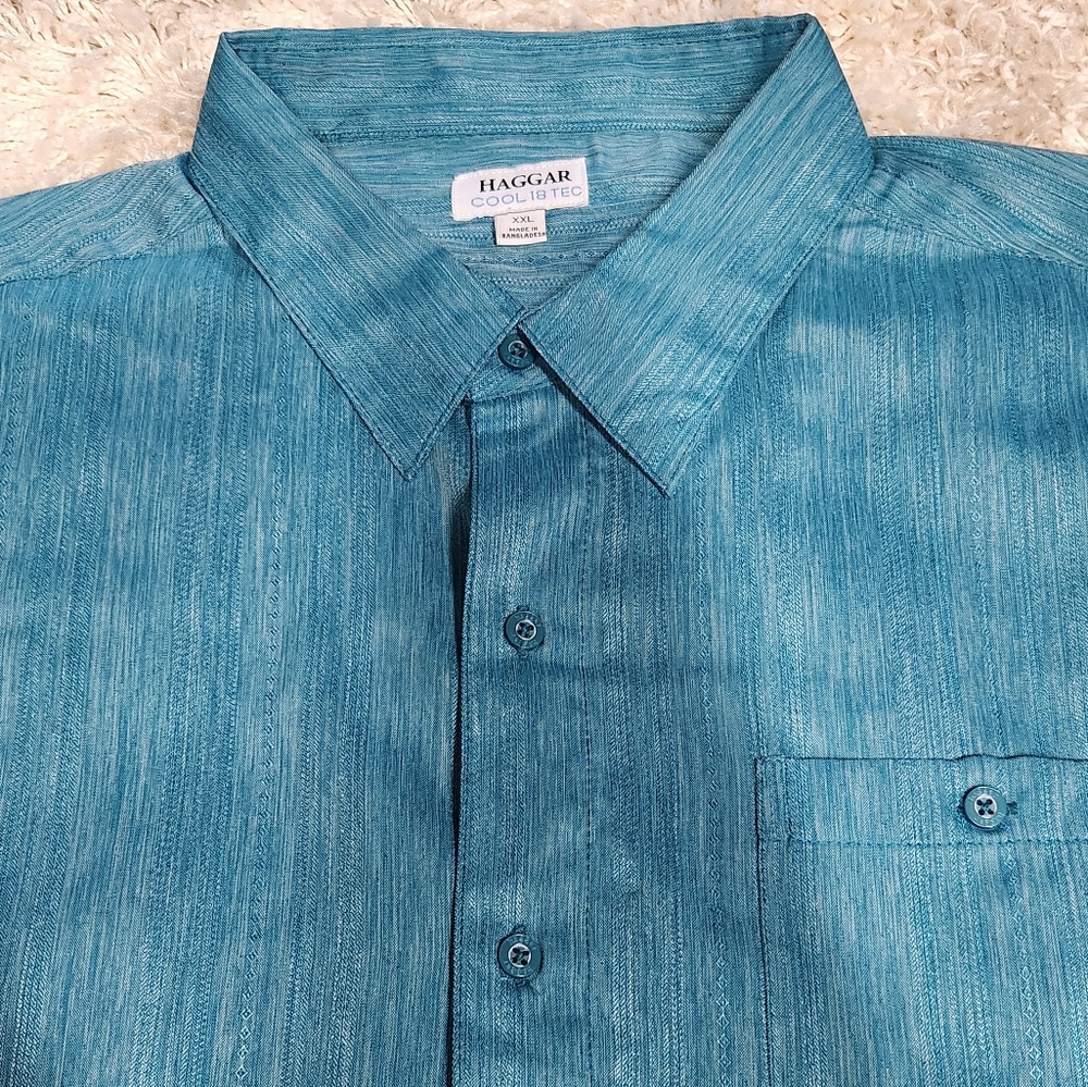 Haggar Mens Teal Peacock Mens Short Sleeve Cool 18 Tec Dress Shirt XXL - Picture 4 of 7